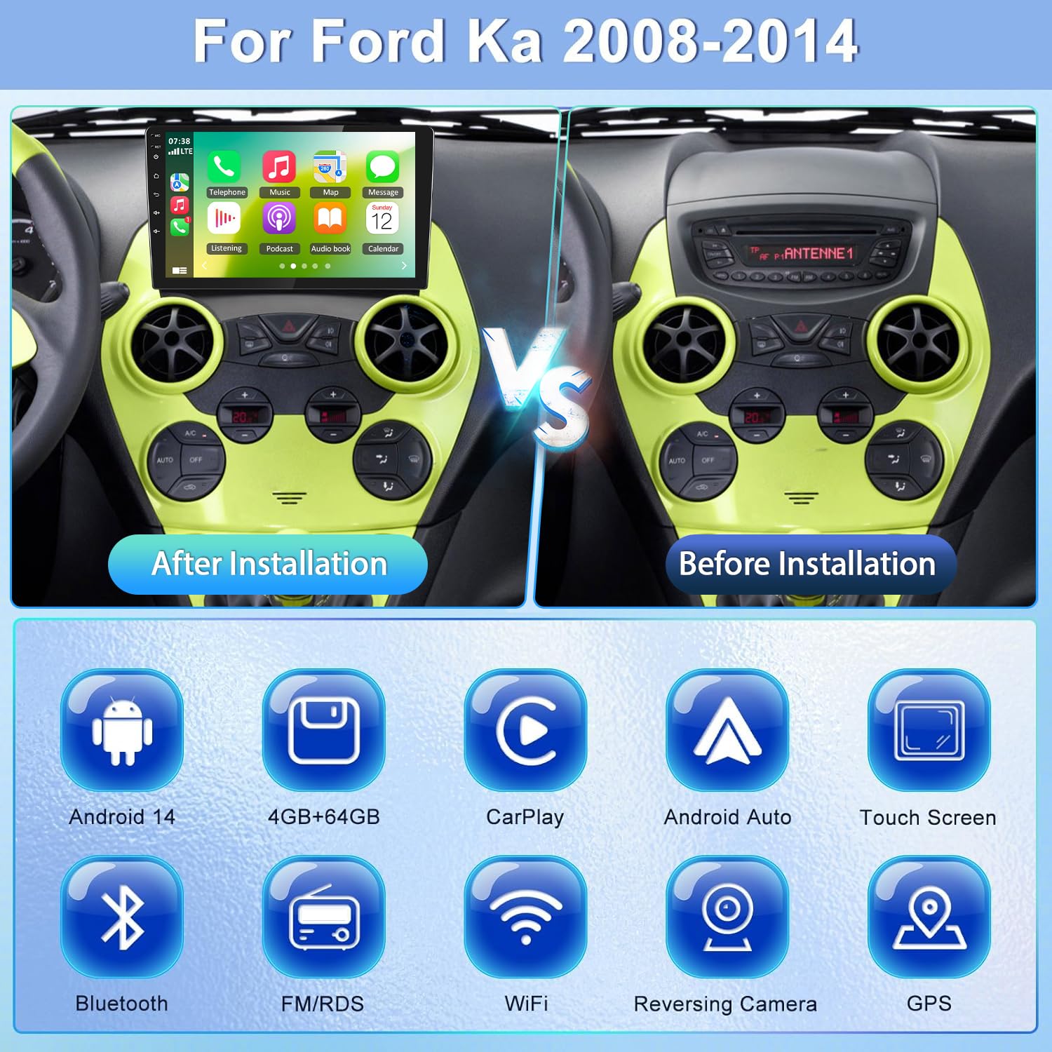 Android 14 4GB+64GB Autoradio für Ford Ka 2008-2014 9 Zoll Navigationsgeräte für Auto Doppel Din Radio Bluetooth mit Wireless CarPlay Android Auto GPS Navigation FM/RDS SWC DSP