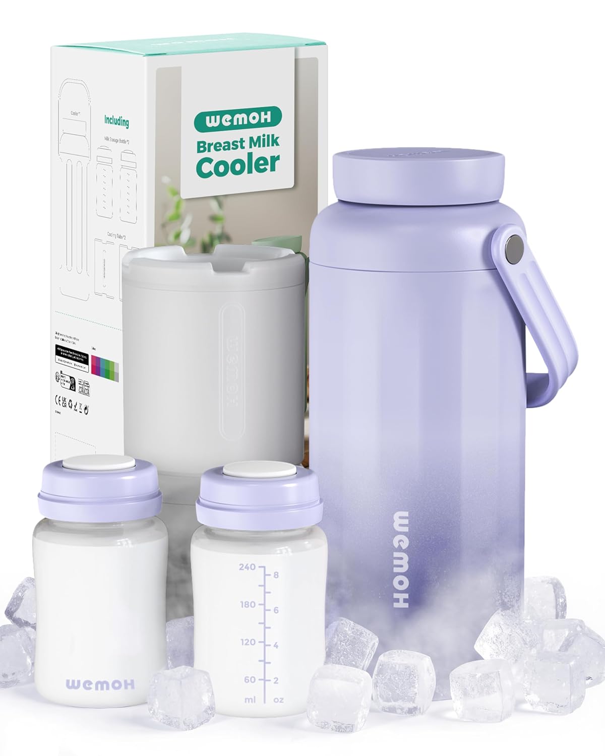 Breast Milk Cooler Bottle - 12H+ Ice-Cold/24H Safe Storage, Compatible with Spectra Pumps, TSA Approved Travel Chiller, 18oz (2x9oz) Lightweight Leakproof Container for Work, Purple