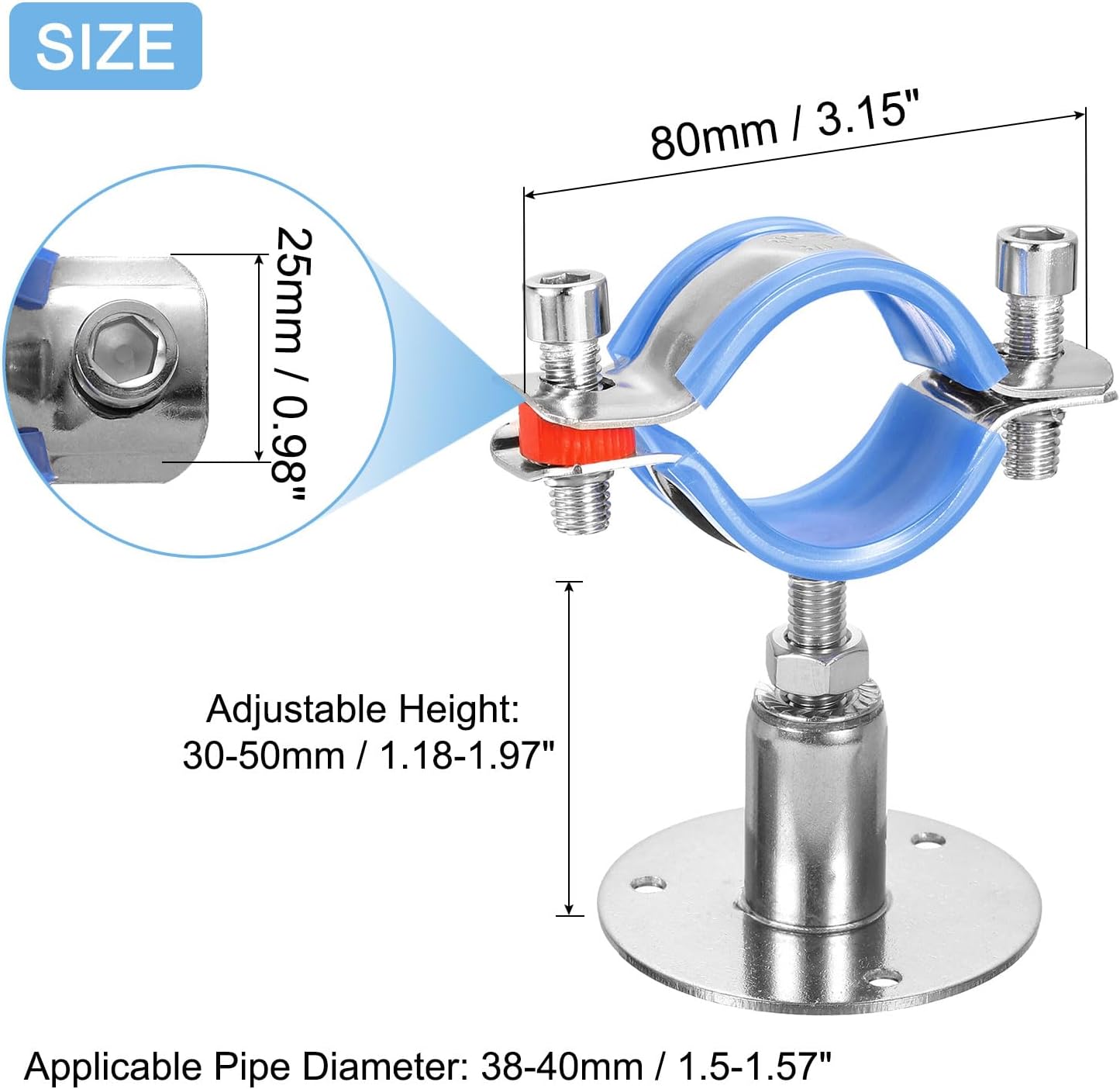 uxcell 2pcs Pipe Support, Stainless Steel Wall Mount Ceiling Mount Pipe Support Bracket, Adjustable Height 30-50mm for OD Pipe 38-40mm