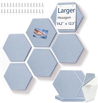 BXI Large Hexagon Felt Bulletin Board - 14.2 X 12.3 X 0.4 Inches 6 Pcs Self-Adhesive Poster Cork Board with 30 Push Pins, Pin Tiles Display Vision Board, Photo Picture Panels for Home Office Classroom