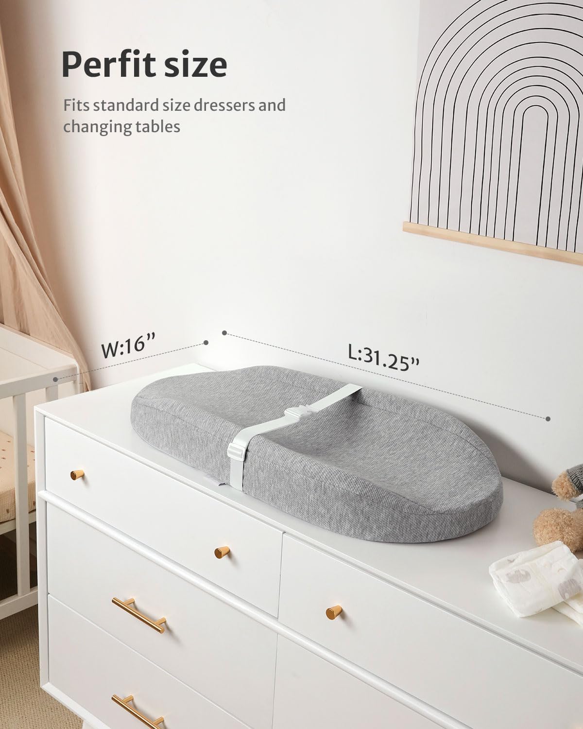 Blissful Diary Baby Changing Pad with Waterproof Lining Foam, Includes a Soft & Washable Cover, Contoured Changing Table Pads for Dresser Top with Non-Slip Bottom, 32”×16”, Gray