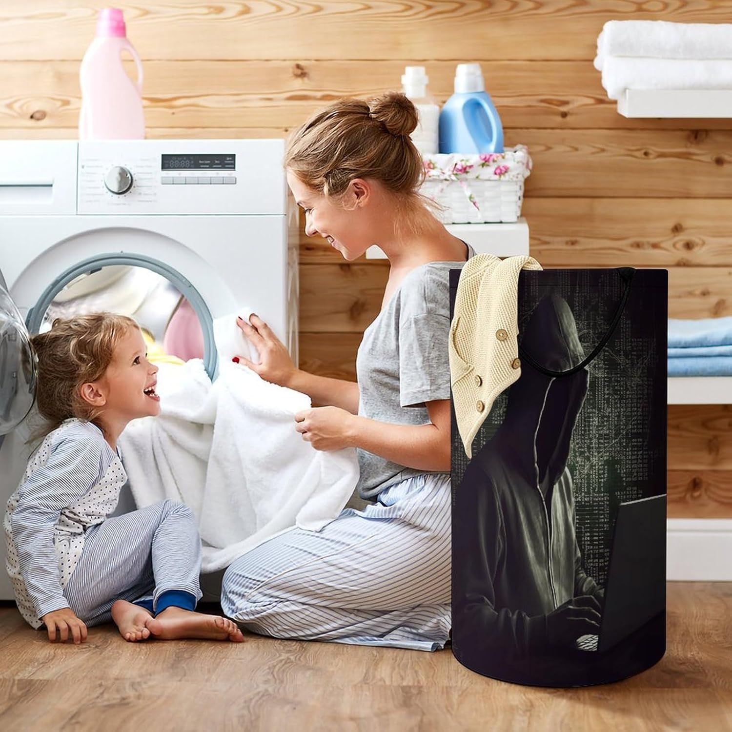 Hacker Laundry Hamper with Handles Waterproof Collapsible Laundry Basket Large Lightweight Round Dirty Clothes Hamper for Home Dorm Bathroom Decor