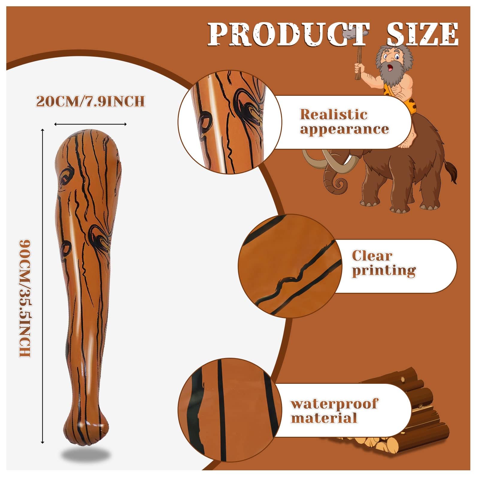 Bate de béisbol Inflable de 2 Piezas para Hombre, Accesorios de Cueva de Hombre, Decoración Temática Marrón