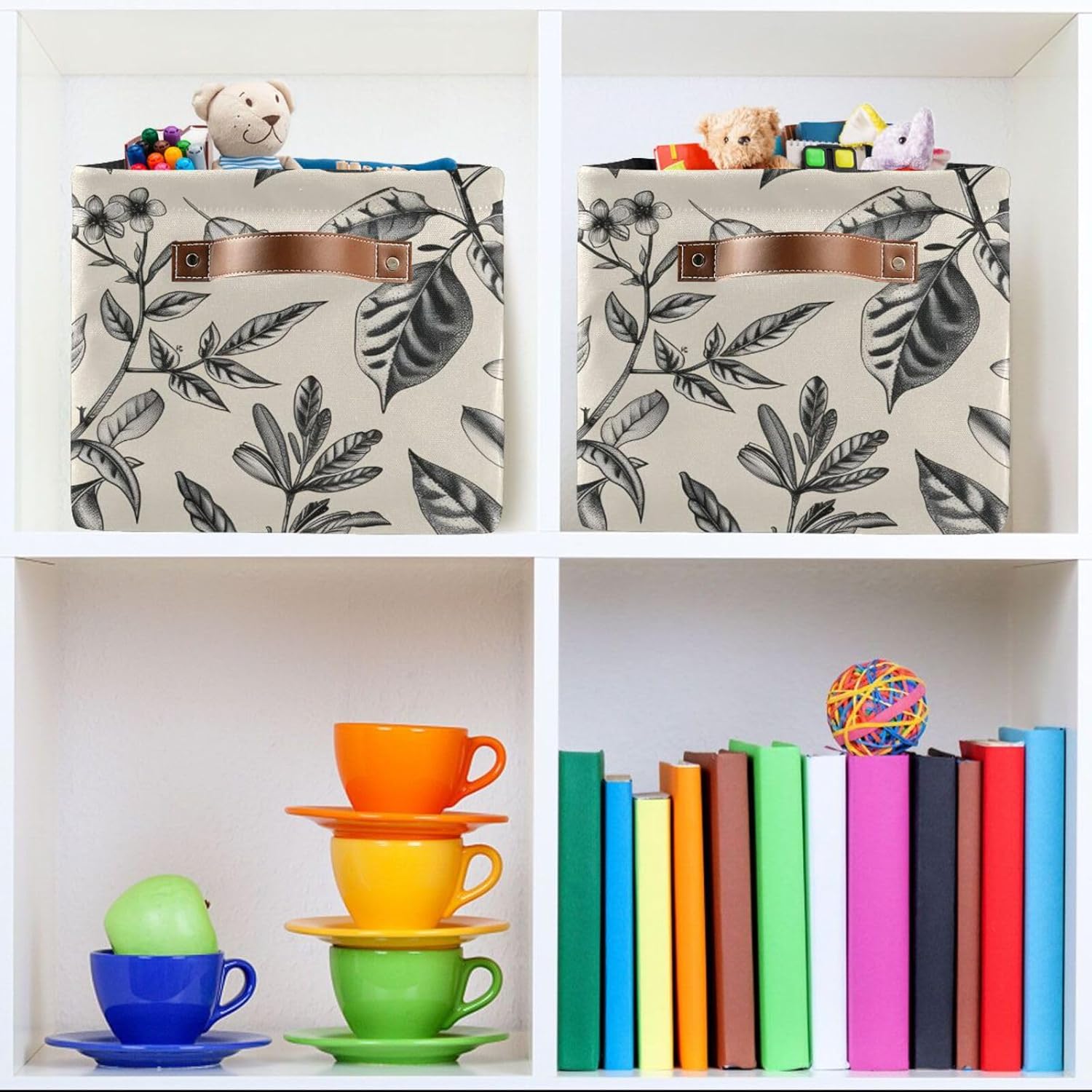 Foldable Storage Basket with Handles Retro Plants Fabric Kitchen Baskets Open Home Storage Bins Boxes Organizer Bag for Baby Cloth Pet Toy Book Shelf Closet Baskets 2 Pcs