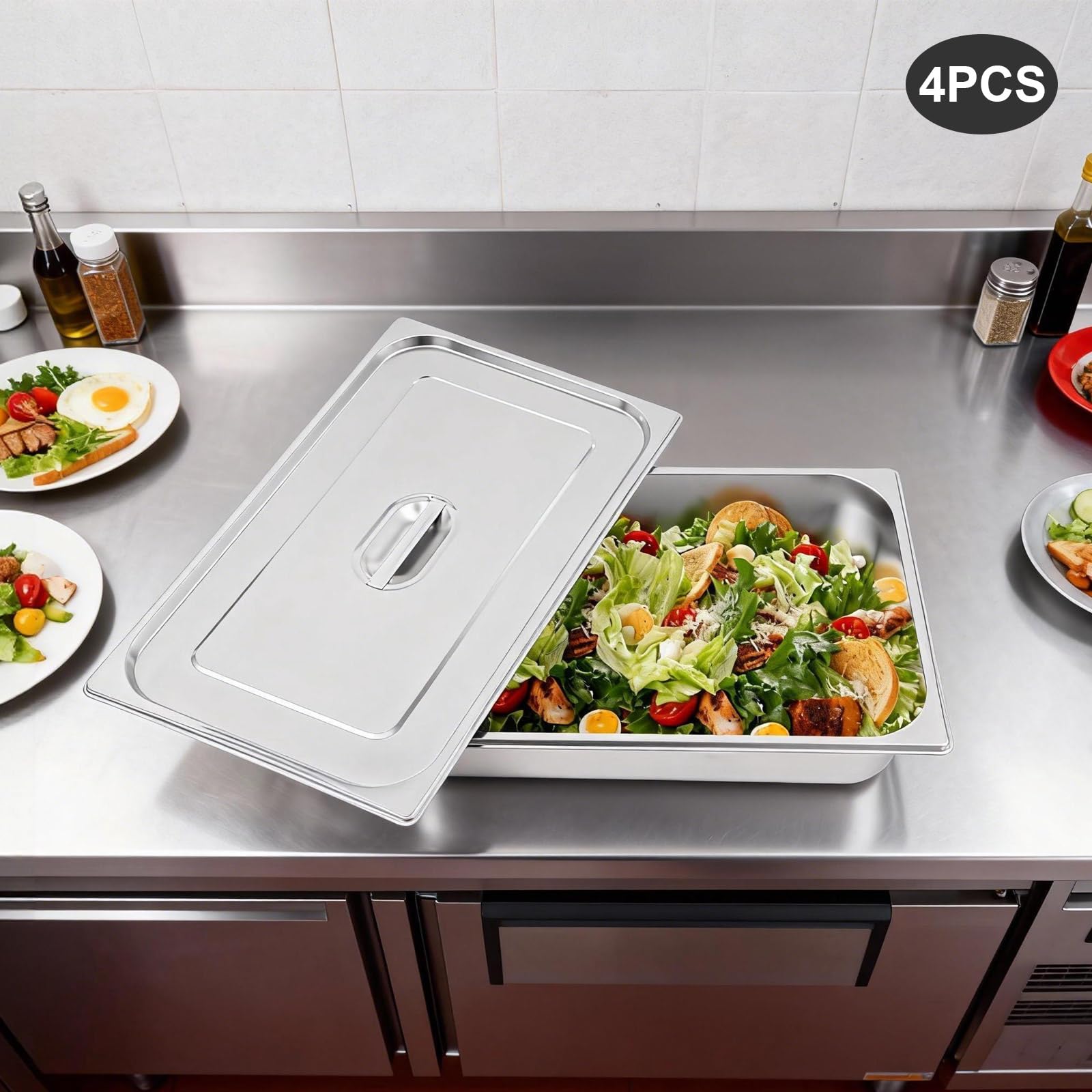 4 contenitori per gastronorm, in acciaio inox con coperchio