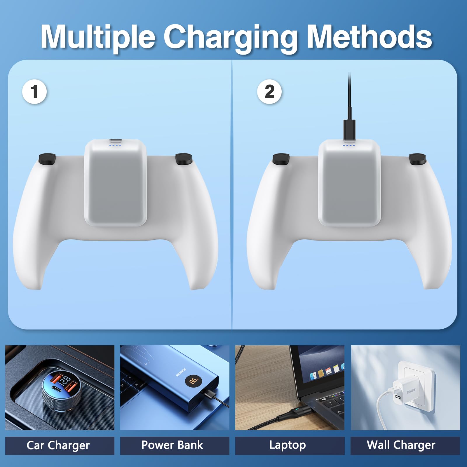 Batteria per controller PS5, 3000 mAh, batteria esterna per controller PS5, accessorio portatile PS5 con display LED, cavo di ricarica Type-C