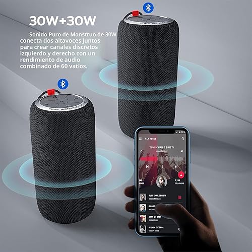 Vista 3 de Monster S310 Altavoz Bluetooth actualizado, altavoz Bluetooth portátil, emparejamiento estéreo inalámbrico verdadero de 30 W que ofrece un sonido