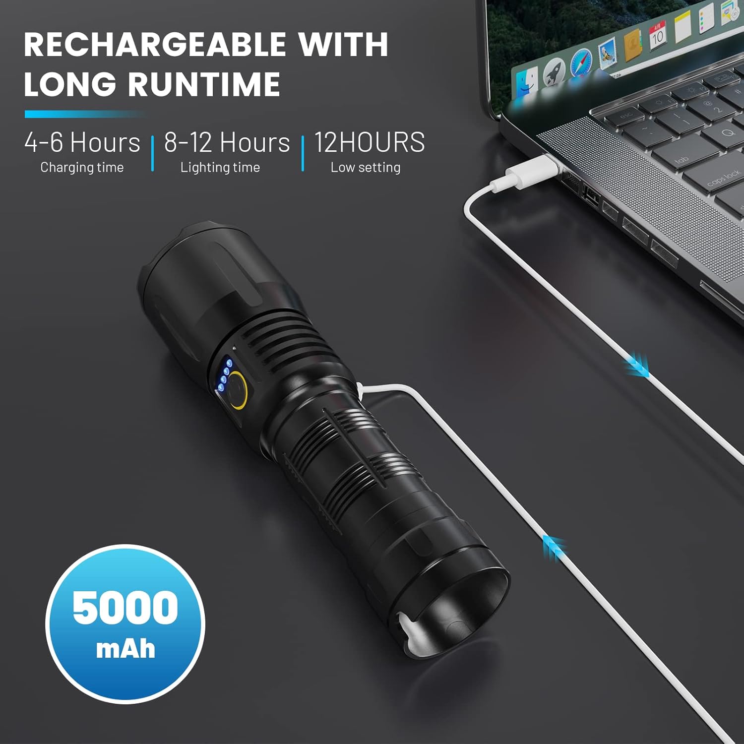 azamine Rechargeable Flashlights High Lumens - 99,000 Lumen Bright LED Flashlight, 5 Modes with Long Runtime, IPX6 Waterproof, High Powered Flash Light for Home, Camping, Hiking (Black)