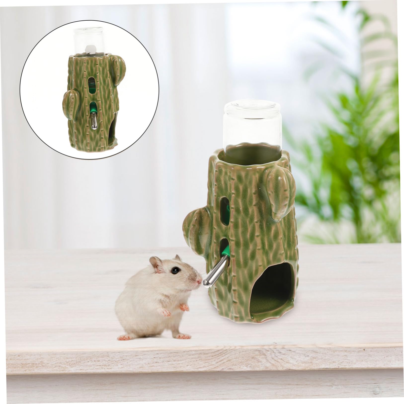 ABOOFAN Keramik Hamster Wasserflasche 80ml mit Grünem Cactus Design und Verstellbarem Ständer Vertikale Chinchilla Tränke für Kleintiere und Meerschweinchen