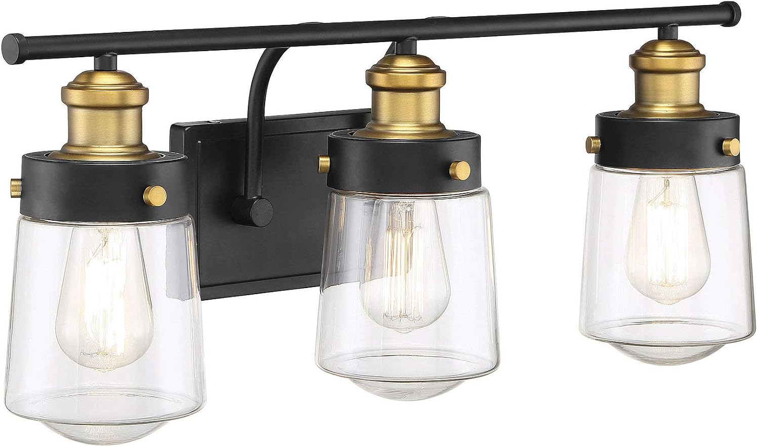 Savoy House 8-2069-3-51 Macauley Industrial Farmhouse Rustic Clear Glass Bathroom Vanity Wall Light, 3-Light 180 Total Watts, 10" H x 24" W, Vintage Black with Warm Brass