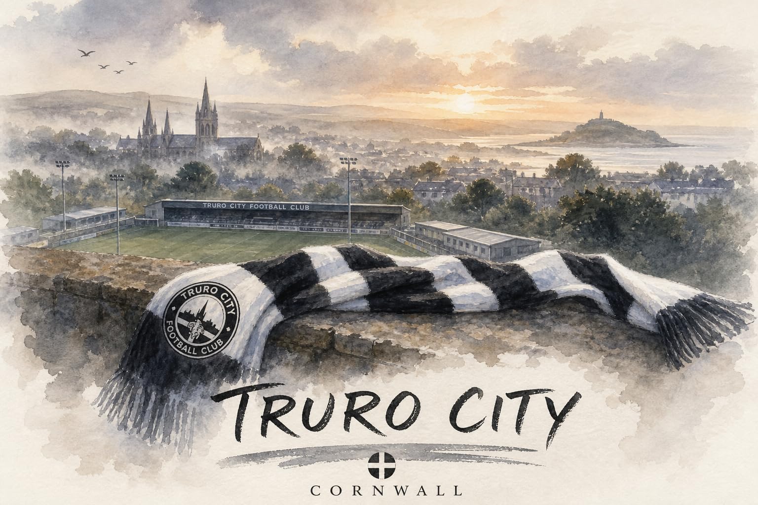 Truro Kunstdruck auf Leinwand, Fußball-Design, Stadion-Heimdekoration, 30,5 x 40,6 cm, Weiß / Schwarz
