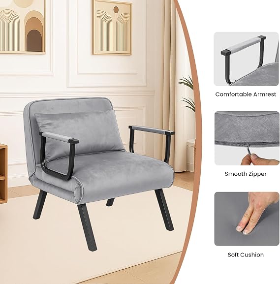 CROWNSHOP Folding Sofa Bed 4-in-1 Convertible Single Chair Bed (Gray) | 6-Position Backrest and Pillow, Folding Sleeper Couch with Back Upholstered Seat Single Flip Chair for Living Room
