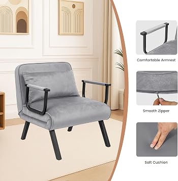 CROWNSHOP Folding Sofa Bed 4-in-1 Convertible Single Chair Bed (Gray) | 6-Position Backrest and Pillow, Folding Sleeper Couch with Back Upholstered Seat Single Flip Chair for Living Room