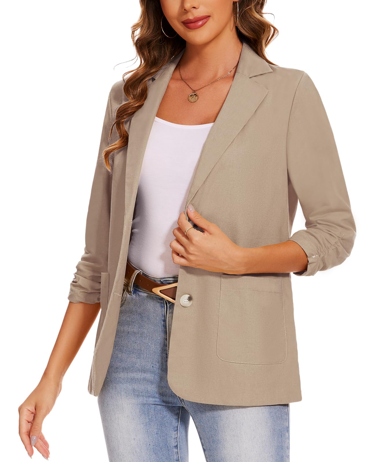 Blazer de lino y algodón con manga 3/4 fruncida para mujer, ligera, para verano, elegante, con botones y bolsillos