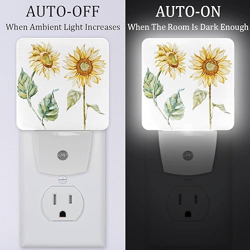 Miniatura 2 de LORVIES Patrón de flores amarillas de girasol en acuarela, luz nocturna LED, sensor automático del atardecer al amanecer, noche decorativa para