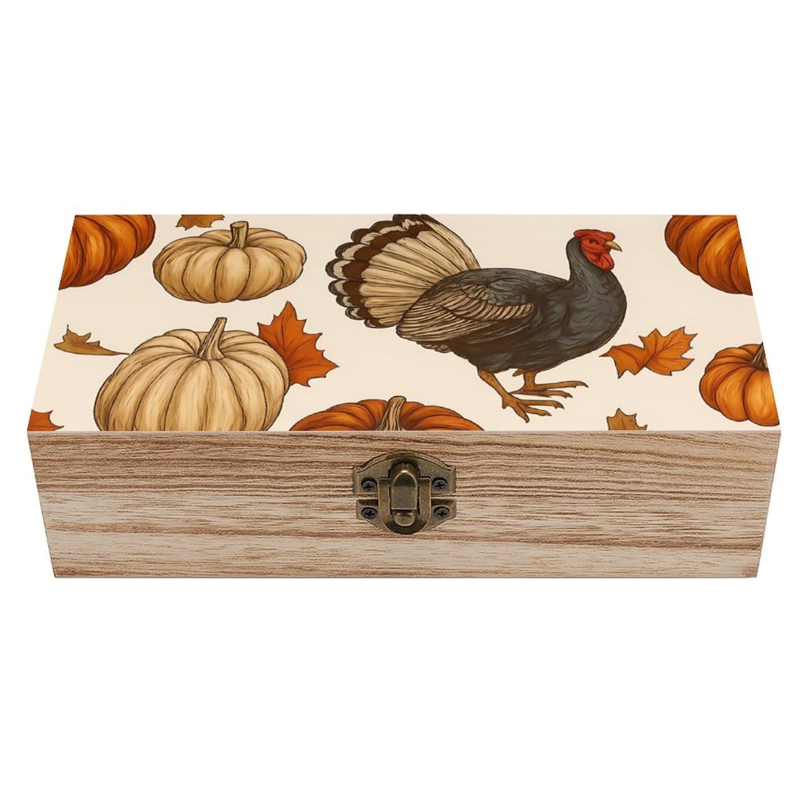 HLBSDM Rustic Harvest Turkey & Pumpkin Retro Wooden Storage Box Jewelry Art Gift Boxs Decorative Keepsake Boxes