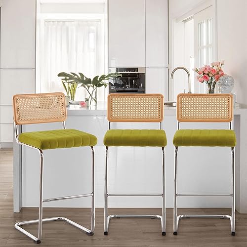 Counter Height Bar Stools Set of 3, 26" Mid Century Modern Rattan Counter Stool, Velvet Upholstered Barstool with Cane Back & Chrome Frame, Armless Bar Chair for Kitchen Island (Olive Green)