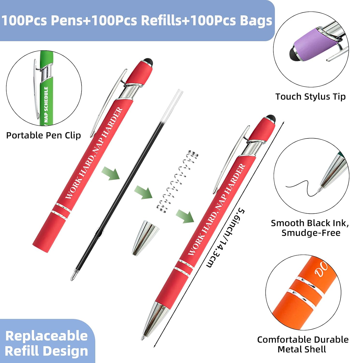 300 Pcs Funny Sarcastic Pens - 100 Set Ballpoint Pens with Refills & Bags,Fun Pen with Snarky Sayings, Stylus Tip - Demotivational Pen for Adults, Coworker, Work, Office - Funny Gag Gift, Novelty Gift