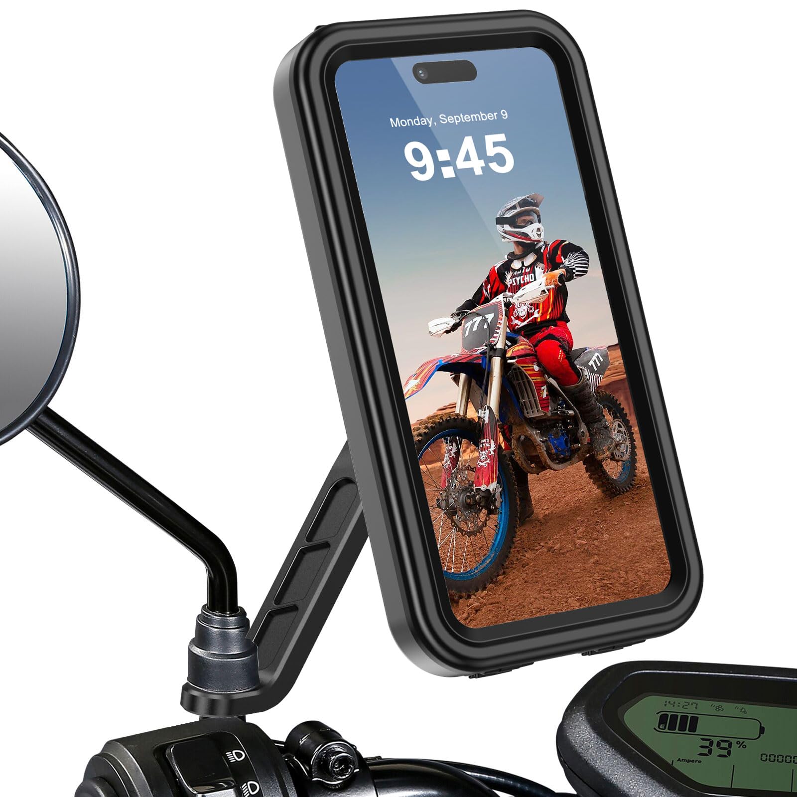 Porta Telefono Moto Impermeabile [1S Sgancio Rapido] Supporto Telefono Moto Specchietto Porta Cellulare Scooter con Touch Screen Rotazione di 360 per Smartphone da 4.7-6,9" Pollici