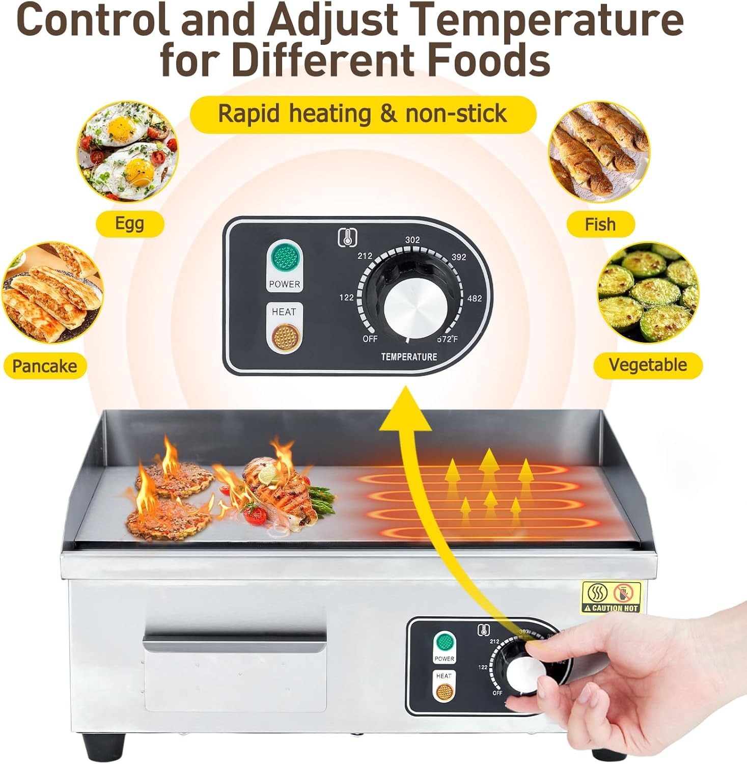 14'' Electric Countertop Griddle, 3000W Commercial Flat Top Grill with Adjustable Temp Control, Stainless Steel Non-Stick Teppanyaki Griddle for Restaurant Kitchen, 110V (No Plug)