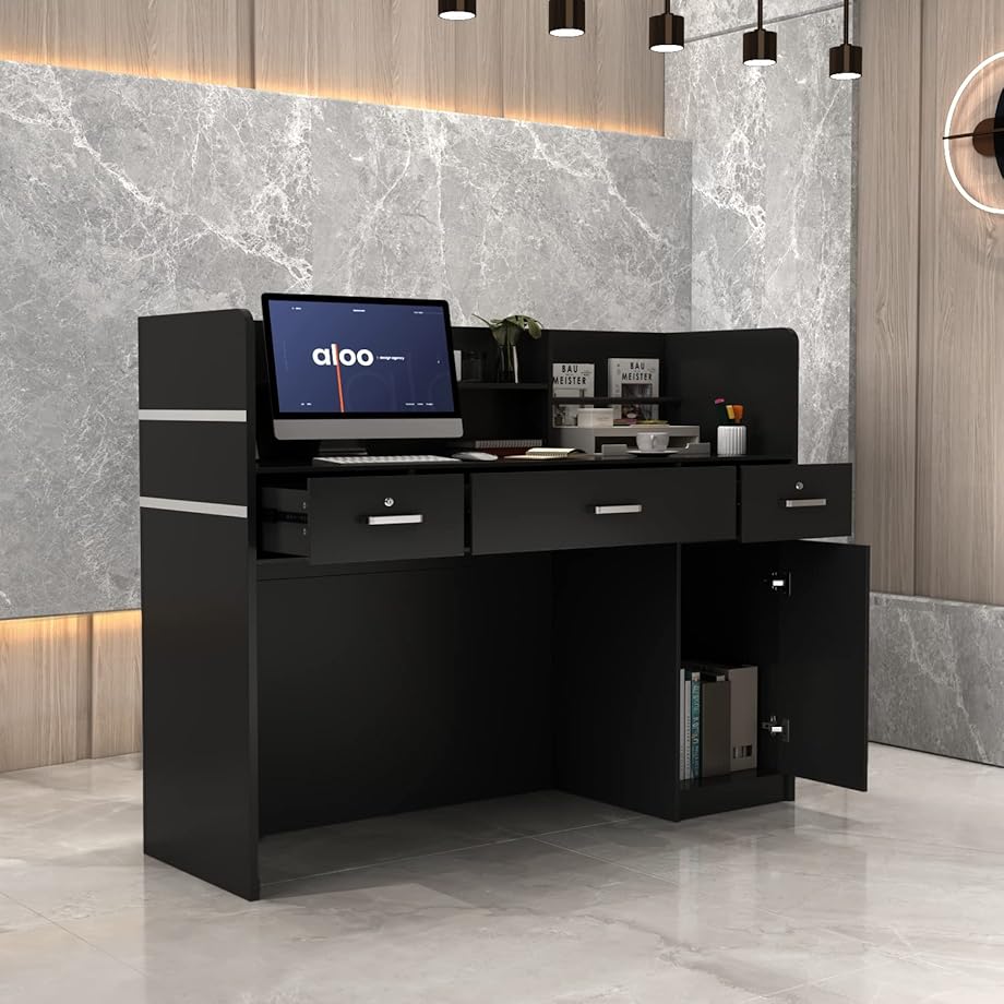 Dezagce Banco di reception mobili da ufficio reception nero 3 cassetti 110 x 120 x 48 cm HUPODE210126-02