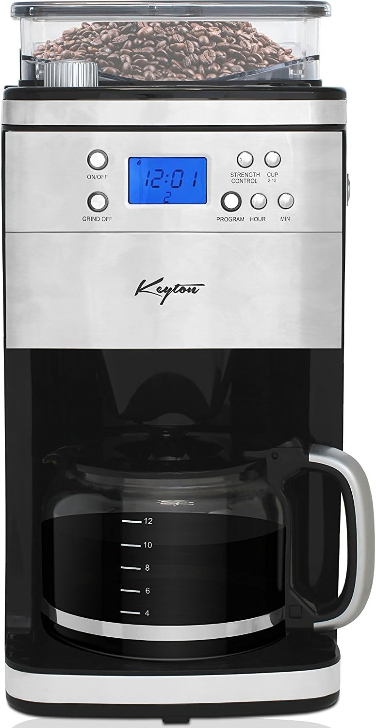 Grind and Brew Automatic Drip Coffee Maker with Multiple Coarse to Fine Options & Multi Brewing Modes and Settings - Stainless Steel - 12 Cup - By Keyton