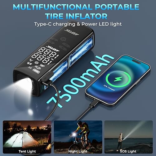 Miniatura 7 de AGPTEK Inflador de neumáticos, compresor de aire portátil, 150 PSI y 7500 mAh y 12 V CC, bomba de aire eléctrica, pantalla LCD con luz LED para