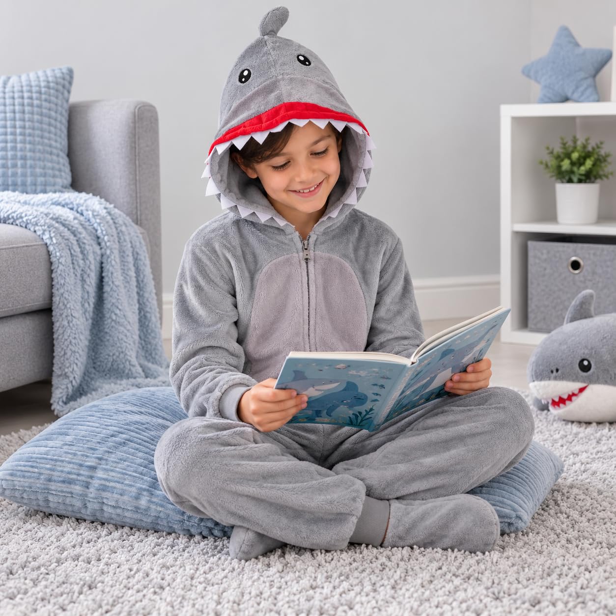 A2Z 4 Kids Mädchen Jungs Shark Kostüm Kinder Tiergesicht Jumpsuits Weicher Plüsch Fleece Playsuit Kinder Mit Kapuze Sleepsuit Kinder One Piece Shark Suit All in One Xmas Shark Pyjama Alter 2-14 Jahre