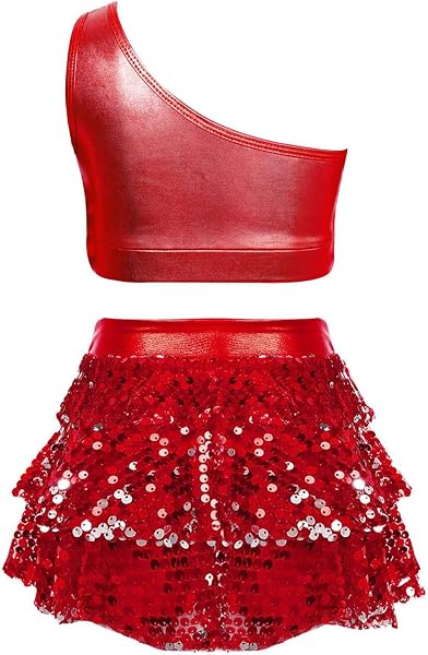 Generico Girls' Latin American One Shoulder Dance Dress Tango Sequins Crop Top Classic Dance Skirt Jazz Skating Dress - 5