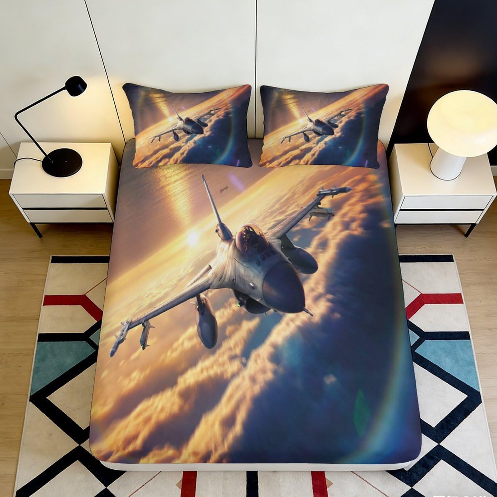 3D Printed Fighter Jet Sunset Fitted Sheet Microfiber Soft Non-Slip Mattress Cover for Bedroom Guest Dorm Decor 90x200x25cm