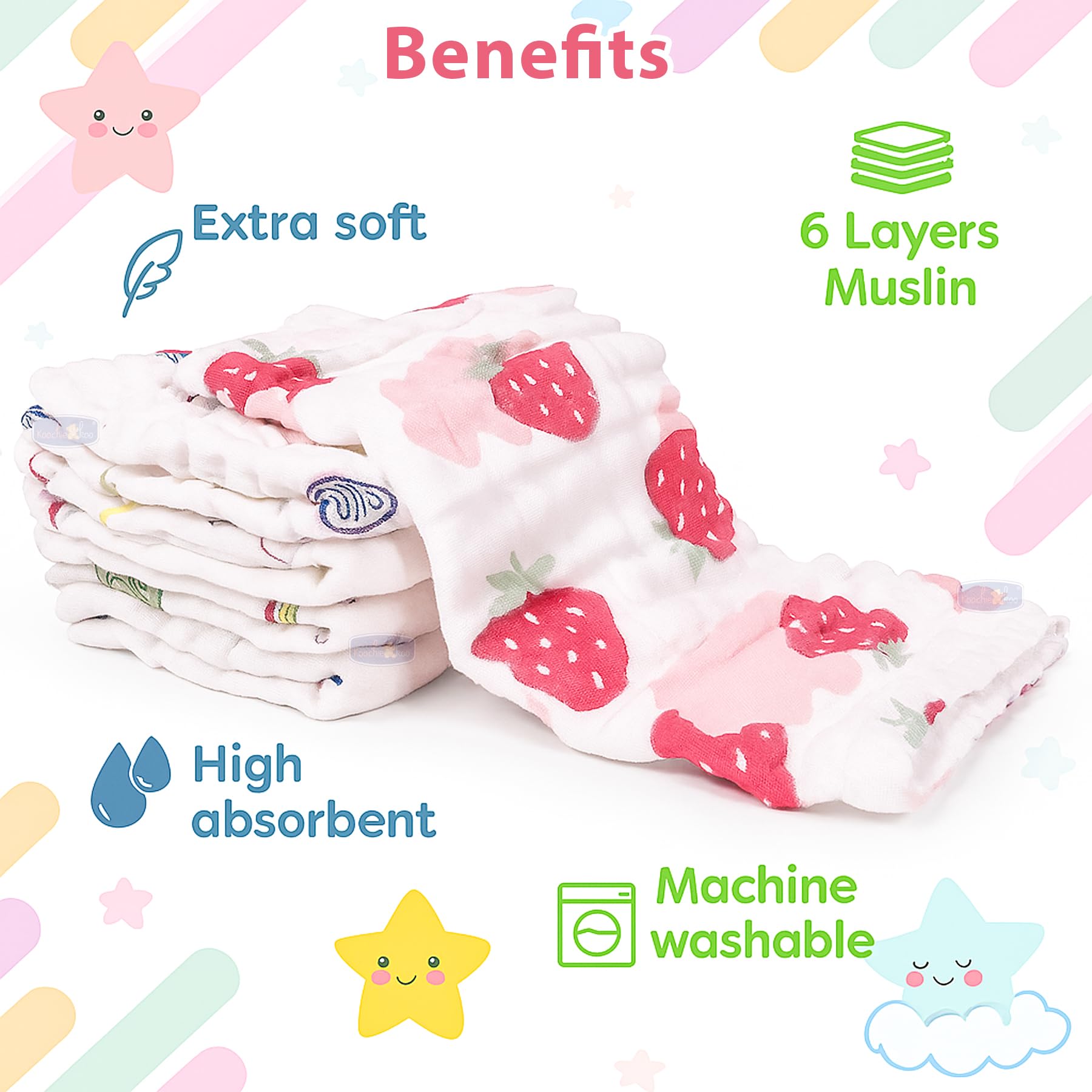 Koochie-Koo Soft Muslin Cloth for New Born Baby 500 GSM 25x25 cm, Pack of 5 Gentle Baby Towels Newborn Premium Bath Towels for Delicate Skin Gift for New Parents Fabric - Image 3 thumbnail