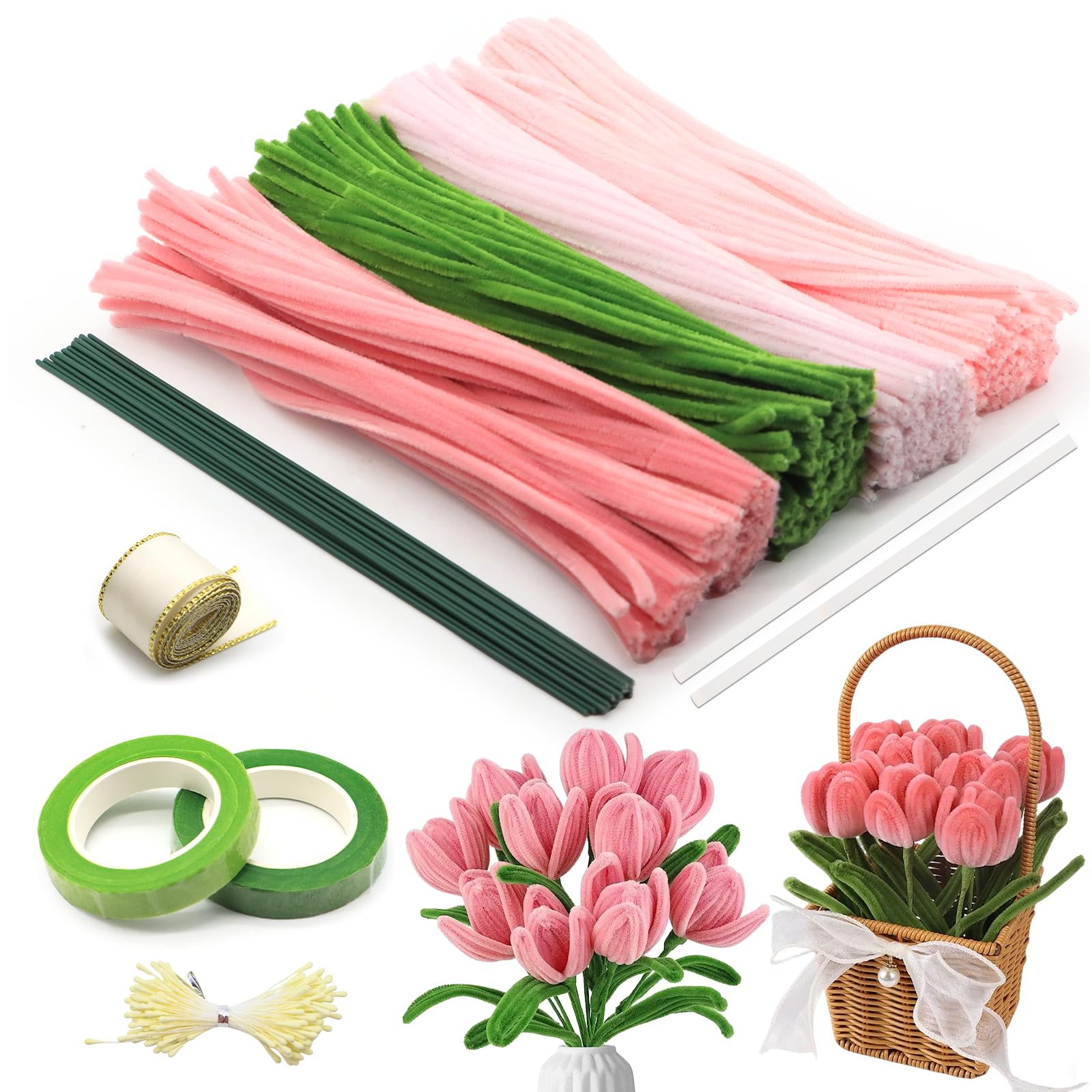 Yuaerbuo 400 Stück Rosa Pfeifenreiniger Blumen Set,4 Farben Pfeifenputzer zum Basteln Blumen, mit Blumenstielen, Klebeband, Blumenkern, Satinband, Anleitung, Heißklebestäben für DIY Blumenstrauß