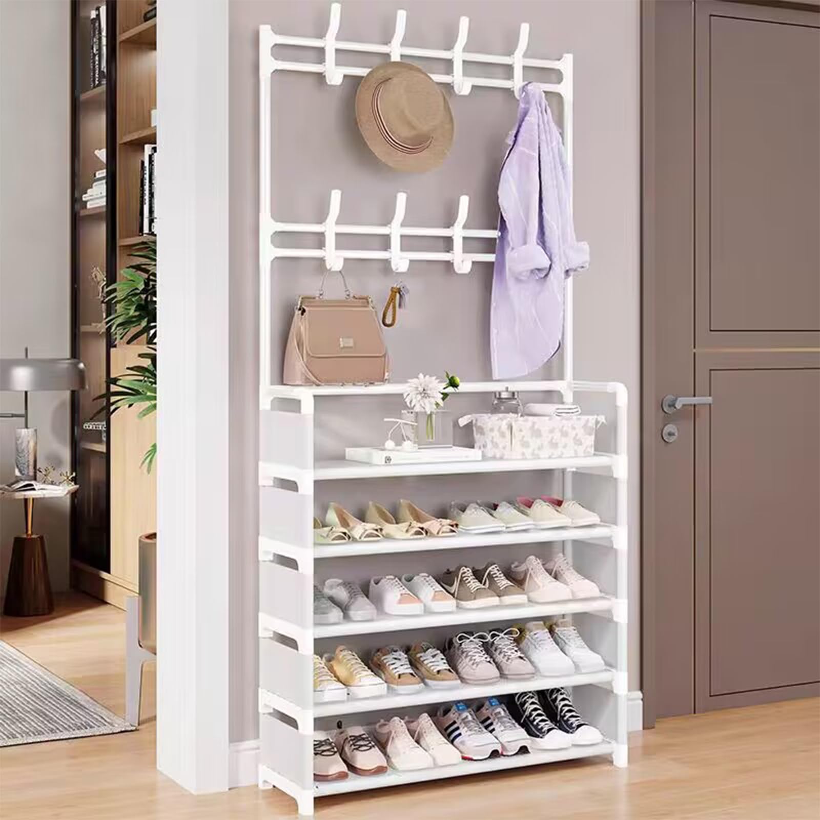 Amazon｜シューズラック5段 靴棚 玄関 棚 靴 収納 ラック フック付き
