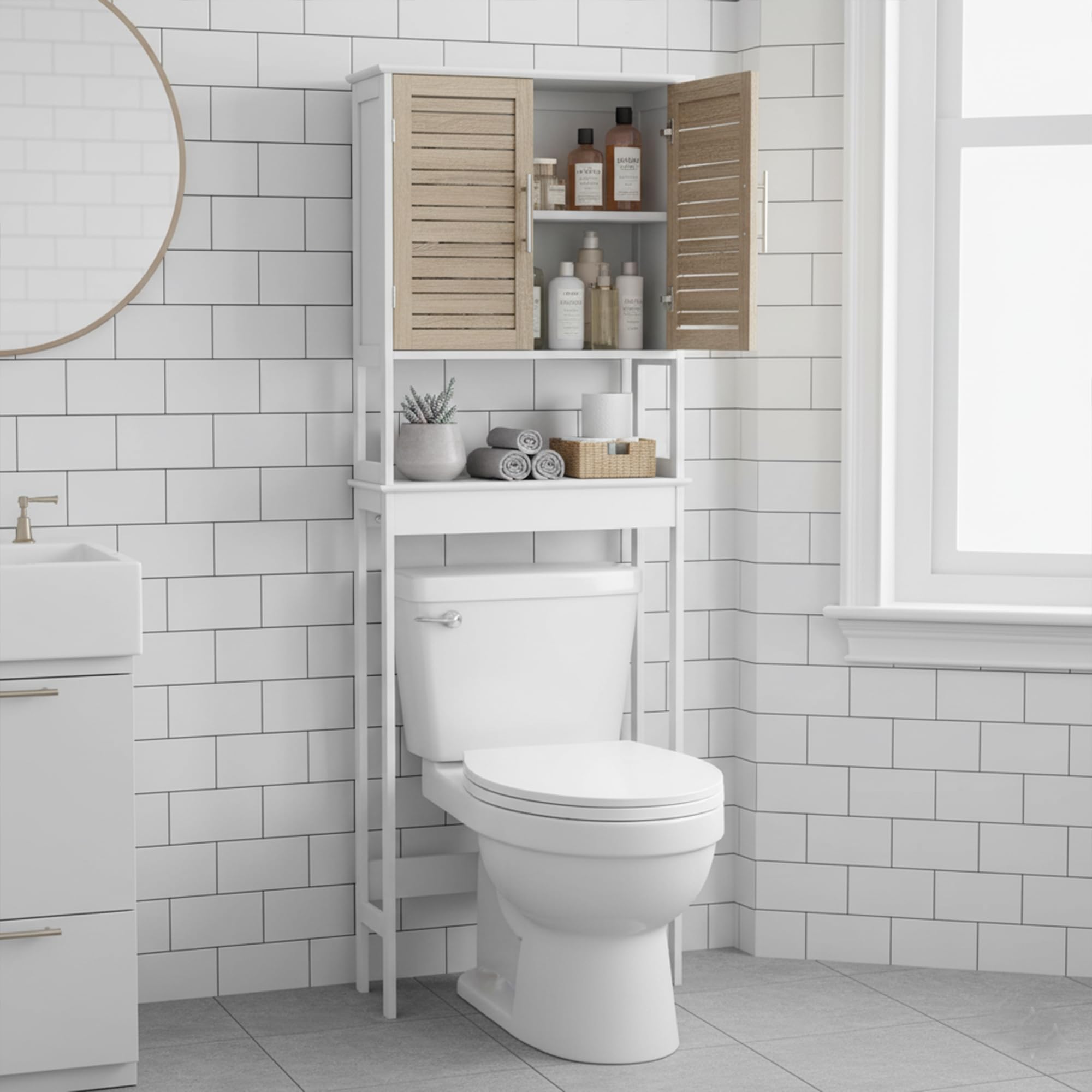 TENDANCE 9904306 Meuble dessus toilettes WC - 2 portes et 1 tablette - Aspect Chêne vieilli