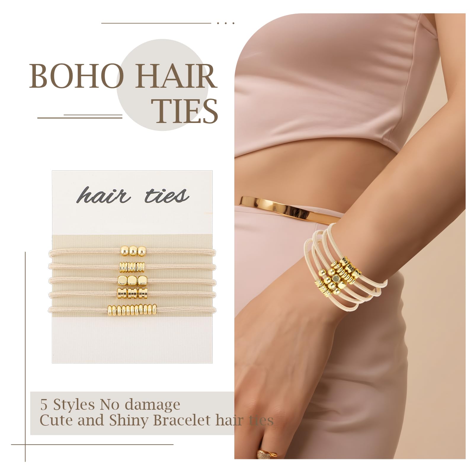 5 Pcs Blonde Boho Hair Ties Bracelet Gold Beads Elastic Blonde Ponytail Holder Cluff Aesthetic Boho Jewelry Hair Accessories Bling No Damage for Thick Thin Curly Hair Women - Image 3