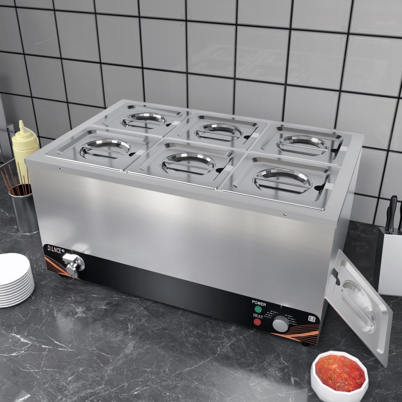 Scaldavivande Elettrico bagnomaria Bain Marie Professionale, pomello in Metallo, Acciaio Inossidabile per Buffet con 6X 1/6 Pentole con coperchi, con 2 Cucchiaio da Minestra, con Rubinetto