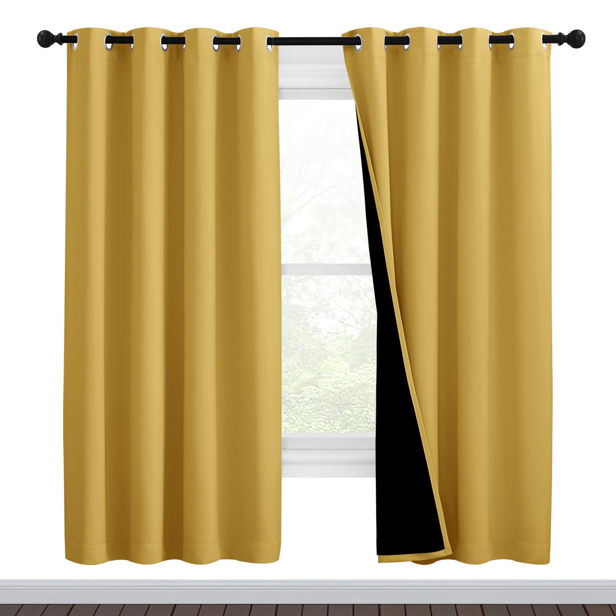 NICETOWN Bright Yellow Full Shade Curtain Panels, Pair of Thermal Insulated &amp; Energy Efficiency Blackout Drapes for Living Room Windows, Lined Silky Performance Window Dressing (46" Wide x 72" Long)