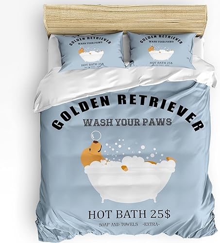 Juego de funda de edredón tamaño matrimonial de 3 piezas con diseño de animales de dibujos animados Golden Retriever Wash Your Paws Bathtup suave