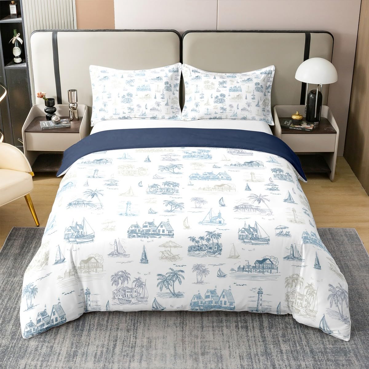 Ocean Beach 100% Cotton Duvet Cover Twin,Tropical Palm Tree Bedding Set 2Pcs Kids Teens Adult Room Decor,Coastal Sailboat Lighthouse Comforter Cover Summer Blue Nautical Quilt Cover,1 Pillowcase