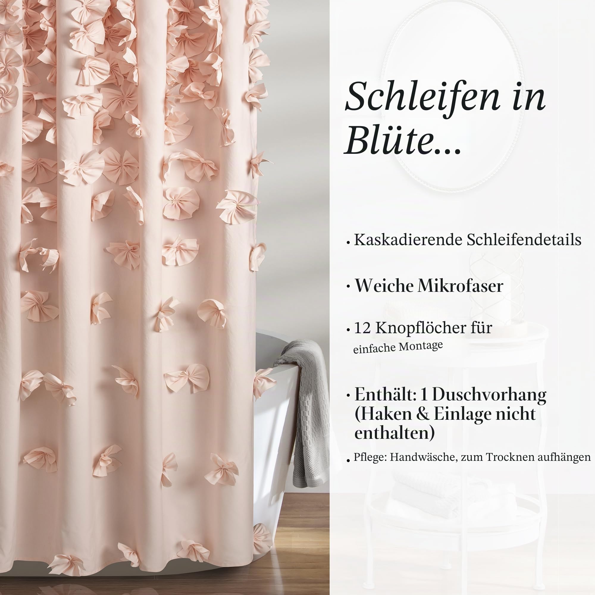 Lush Decor Riley Duschvorhang, 183 x 183 cm (B x L), luxuriöser Duschvorhang mit Schleifen, charmante Textur, schönes und Elegantes Mädchen-Badezimmer-Accessoire, romantisch,