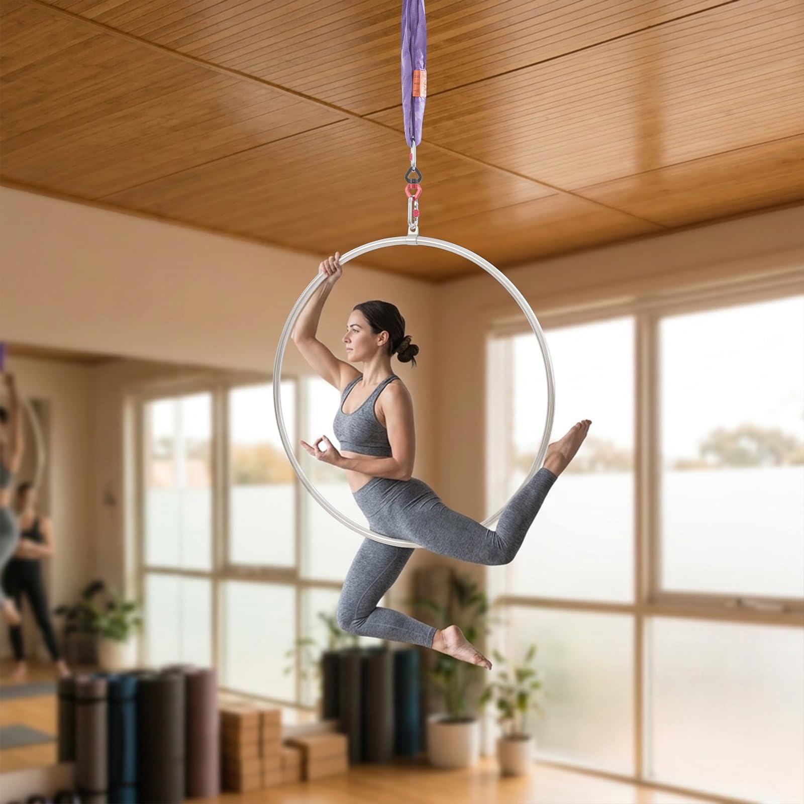 Aerial Hoop Set 95cm mit Zubehör – Luftring für Ganzkörpertraining und Luftakrobatik, Edelstahl, Silber & Lila, geeignet für Fitnessstudio, Zuhause, Artistik für Erwachsene und Jugendliche
