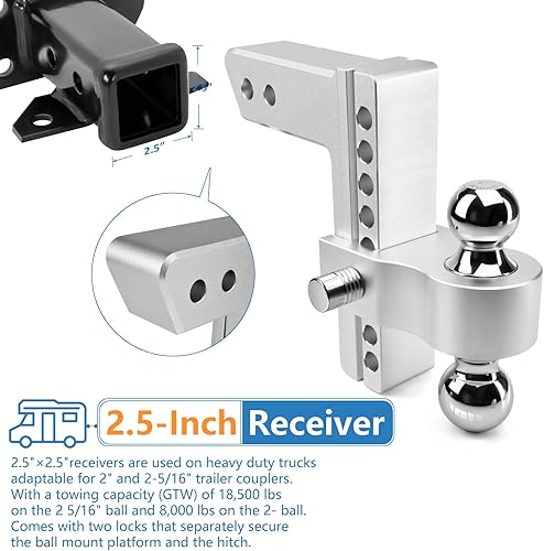 Miniatura 4 de Enganche de Remolque Ajustable - Enganche de Caída de Aluminio Tlvuvmo (Se Adapta a Receptor de 2.5''), CaídaElevación de 8 Pulgadas, 18,500 LBS GTW