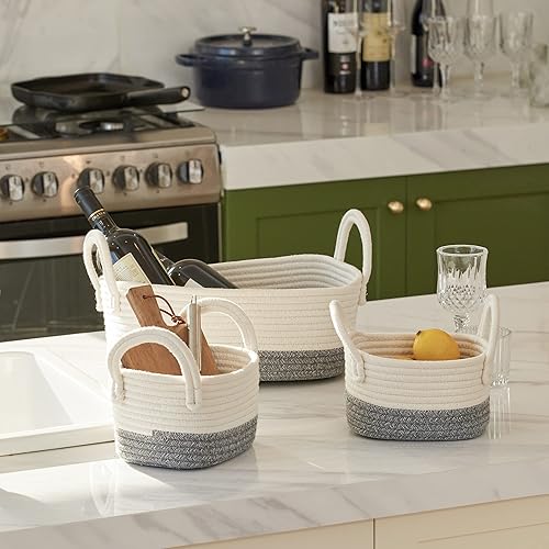Miniatura 2 de LA JOLIE MUSE Juego de 3 cestas de almacenamiento tejidas de cuerda de algodón de 14 pulgadas, contenedores organizadores multiusos con asas, color