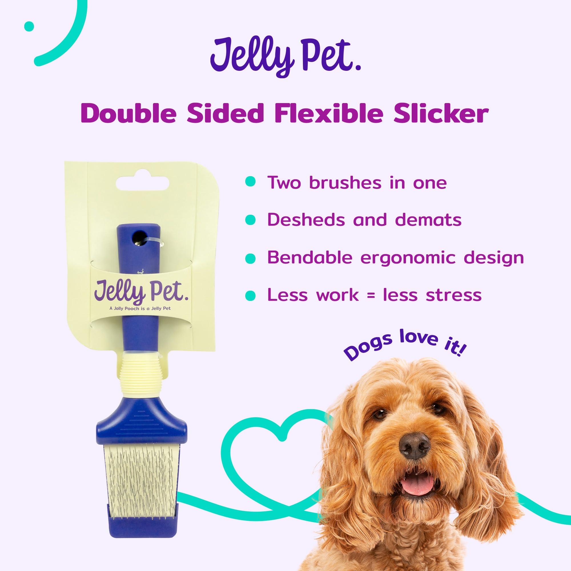 Jelly Pet Cepillo de doble cara para perros, pasadores más largos, cabeza flexible, lados finos/gruesos, elimina enredos no deseados, pequeño, morado