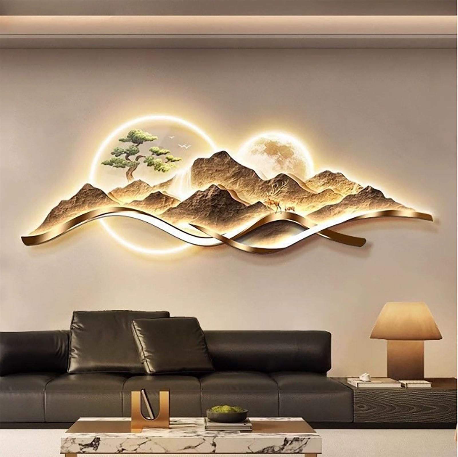 Wall Hanging Decor with Ligth, 3D Wall Hanging Mural for Bedroom, Plug-in Power Supply Led Wall Art, Creative Landscape Wall Sculptures for Bedroom Living Room Entrance Door(A,13.7 * 39.3in)