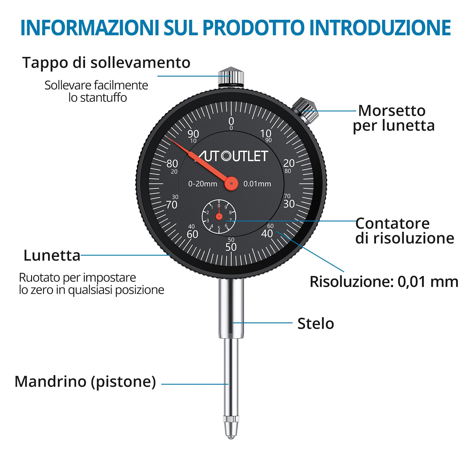 AUTOUTLET Set Comparatore Meccanico con Base Magnetica,Trazione Massima 132 Libbre/60 KG,Campo di Misura 0-20 mm,Supporto Universale del Comparatore,Interruttore ON/OFF