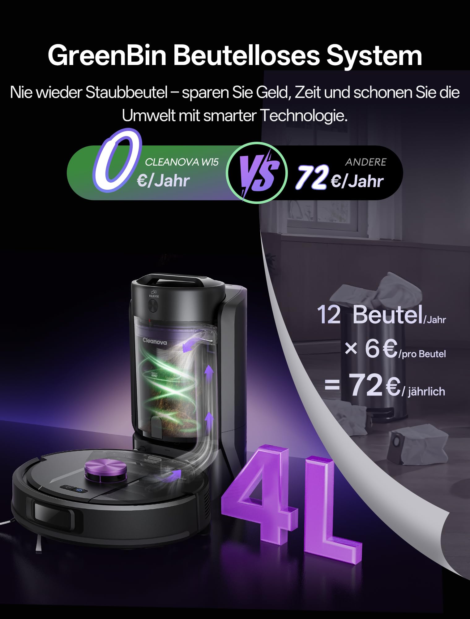 Vexilar Saugroboter mit Wischfunktion, beutelloser Multi-Zyklon Saugroboter mit Absaugstation, 10.000Pa & 200 Min Staubsauger Roboter, 3-in-1 Saug und Wischroboter für Tierhaare & Teppich (Schwarz)