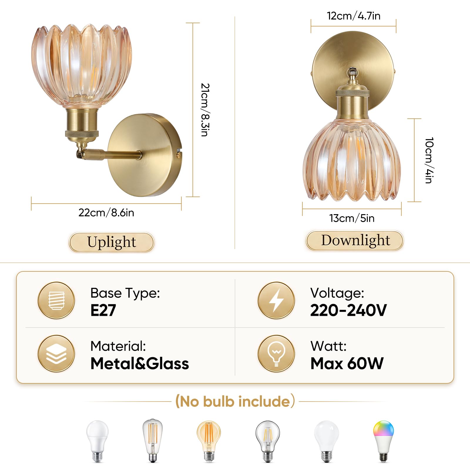 Lámpara de Pared de Vidrio, Base E27 (bombilla no incluida), Dorado 4800259