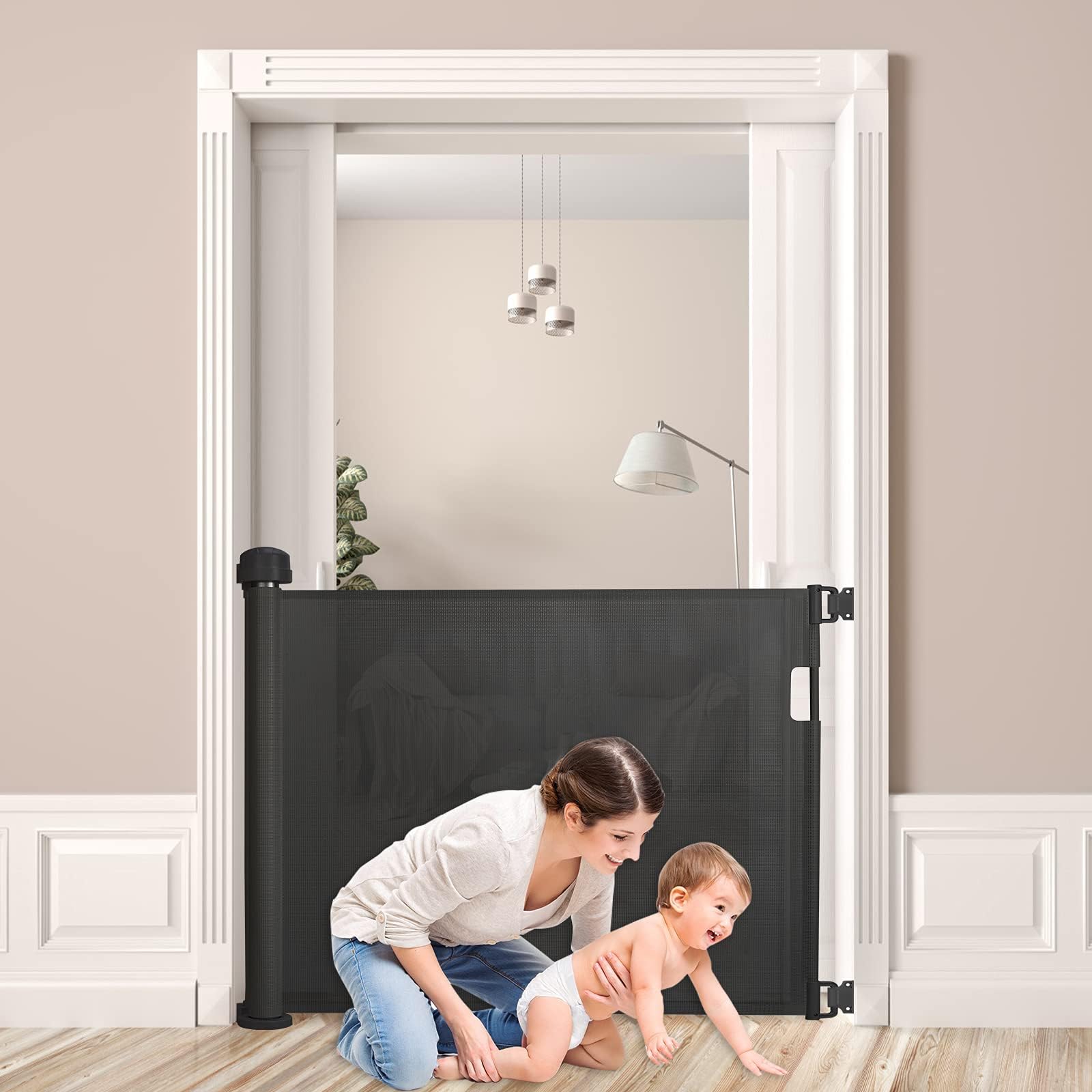 LARS360 Barrera de seguridad extensible de 0 a 180 cm, barrera para bebés, puerta retráctil, extensible, separador de seguridad para interior y exterior (negro)