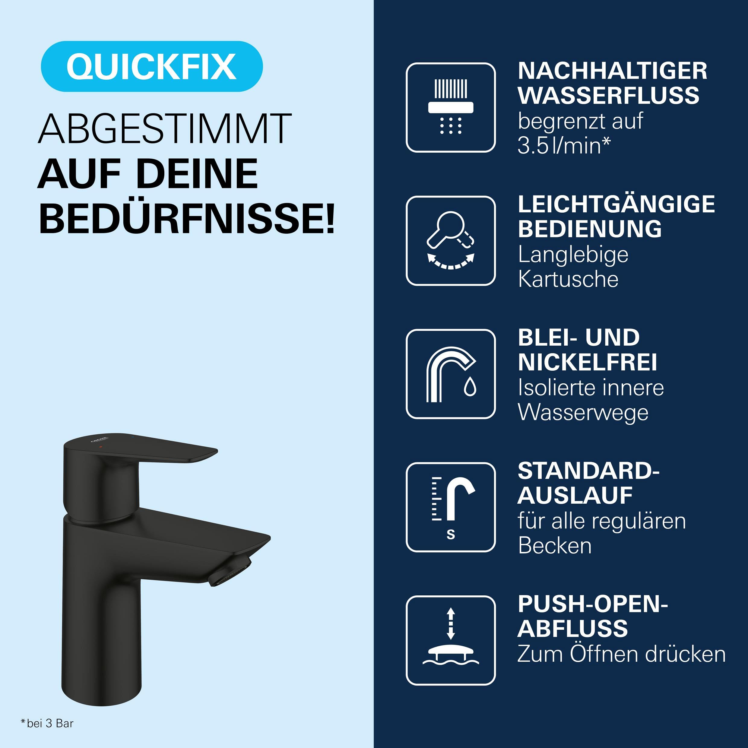 GROHE StartEdge, Waschtischarmatur 3,5l/min, wassersparend (Wasserhahn für das Bad, Badarmatur mit Zugstangen-Ablauf, 12cm hoch, mit 3in1 Werkzeug, einfache Installation), mattschwarz, 238982431